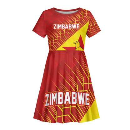 Custom Zimbabwe Cricket Kid Short Sleeve Dress Flame Warriors Zimbabwe Spirit - African Pride