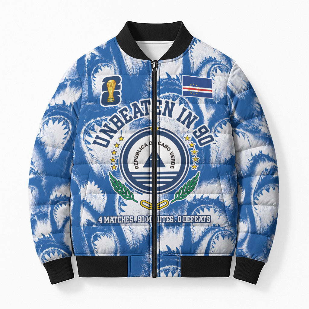 Cape Verde Football Bomber Puffer Jacket Blue Sharks - Unbeaten in 90 Minutes