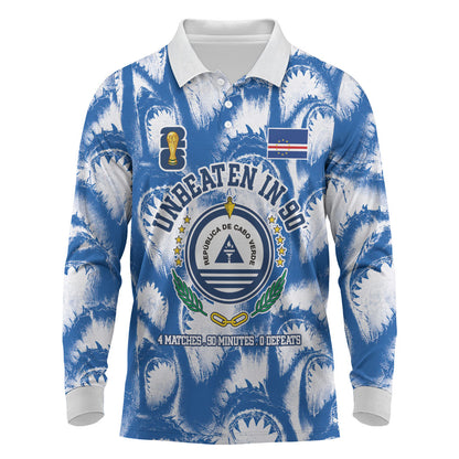 Cape Verde Football Long Sleeve Polo Shirt Blue Sharks - Unbeaten in 90 Minutes