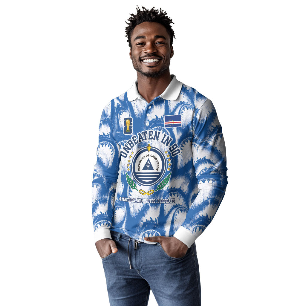 Cape Verde Football Long Sleeve Polo Shirt Blue Sharks - Unbeaten in 90 Minutes