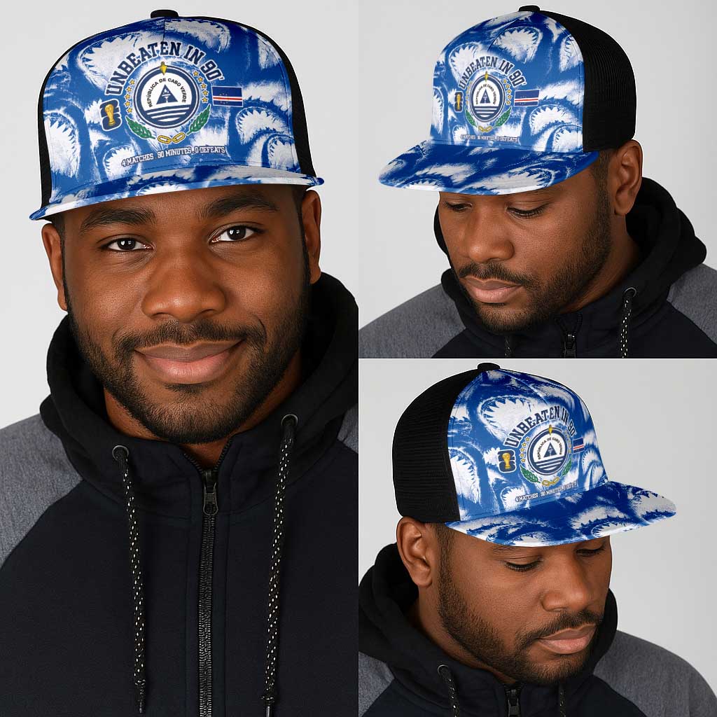 Cape Verde Football Mesh Trucker Cap Blue Sharks-Unbeaten in 90 Minutes