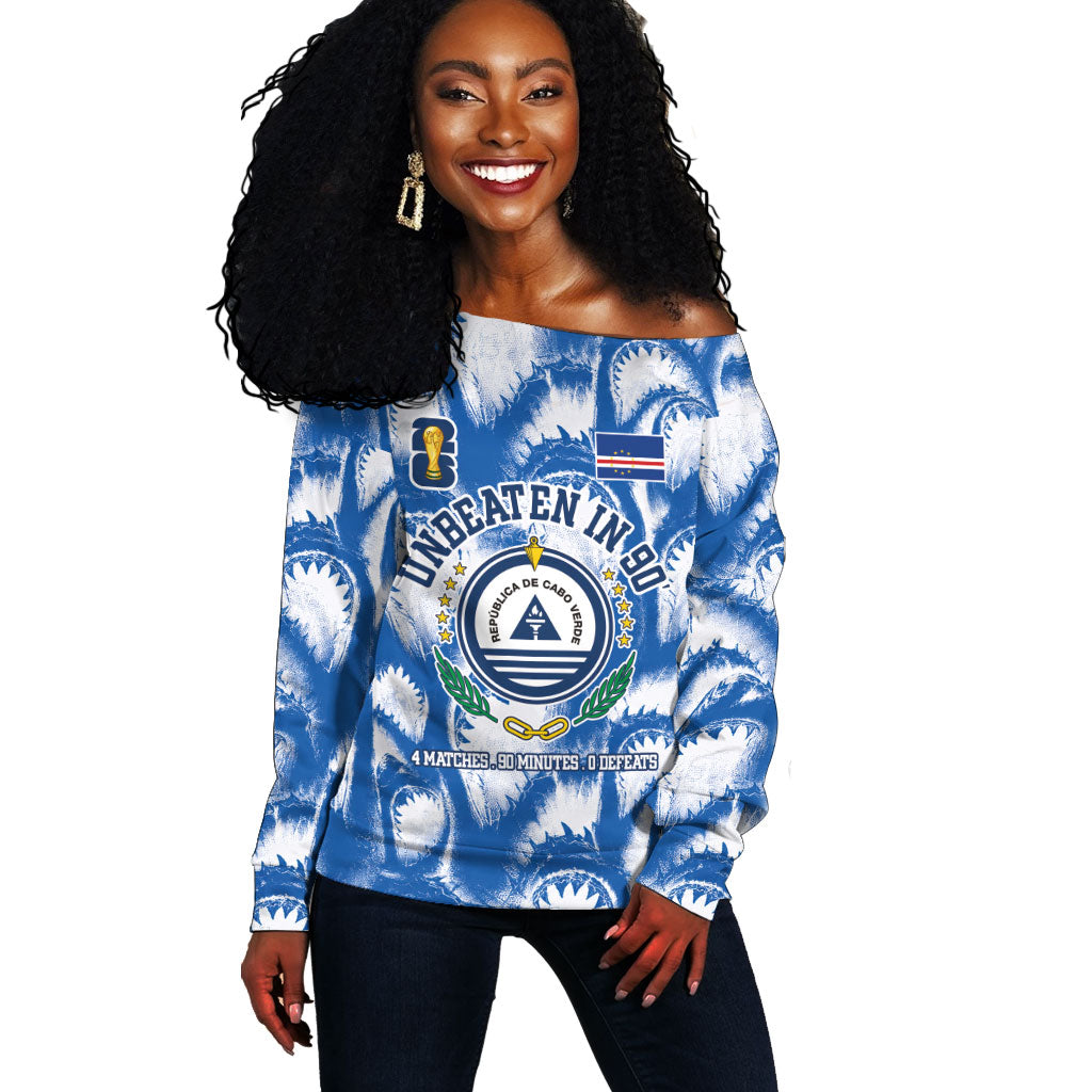 Cape Verde Football Off Shoulder Sweater Blue Sharks - Unbeaten in 90 Minutes