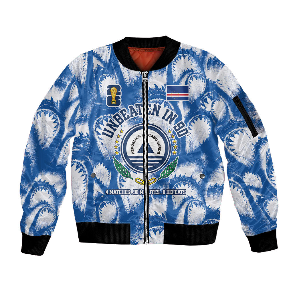 Cape Verde Football Sleeve Zip Bomber Jacket Blue Sharks - Unbeaten in 90 Minutes
