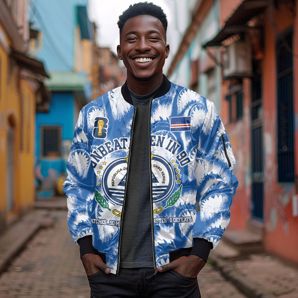 Cape Verde Football Sleeve Zip Bomber Jacket Blue Sharks - Unbeaten in 90 Minutes
