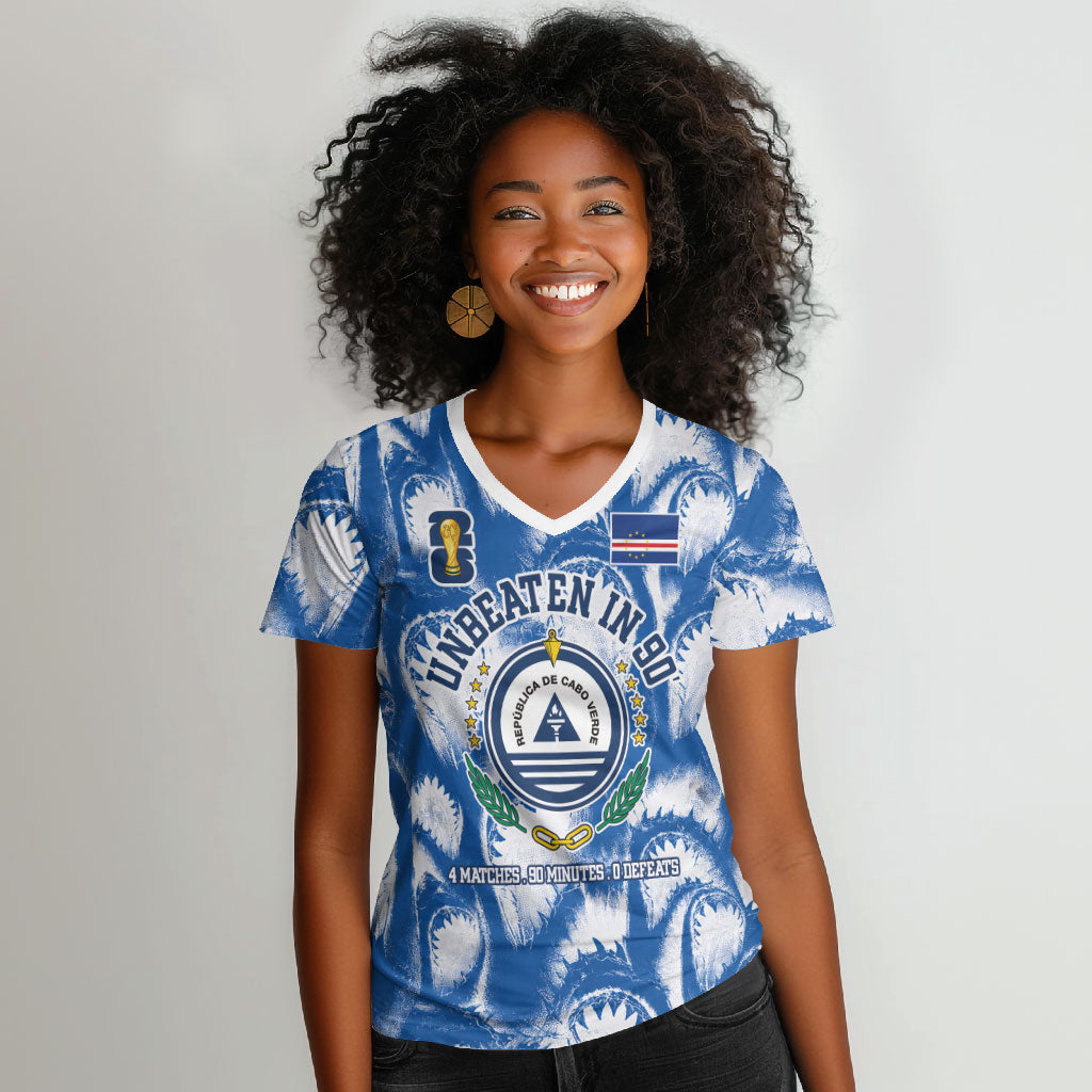 Cape Verde Football Women V-Neck T-Shirt Blue Sharks - Unbeaten in 90 Minutes