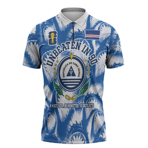 Cape Verde Football Zipper Polo Shirt Blue Sharks - Unbeaten in 90 Minutes
