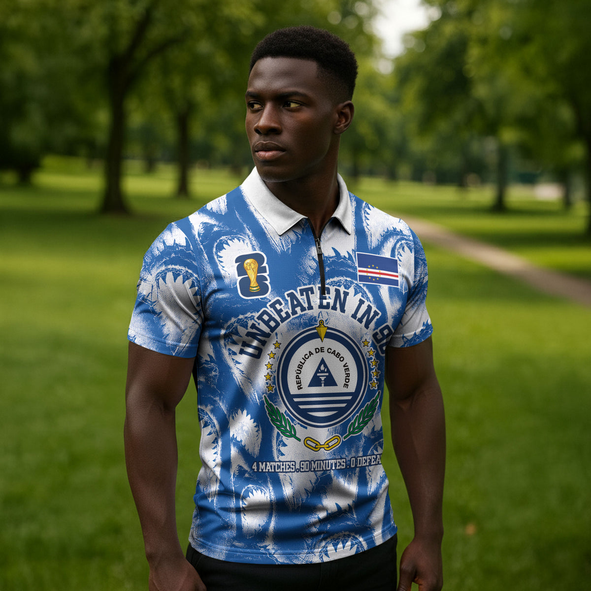 Cape Verde Football Zipper Polo Shirt Blue Sharks - Unbeaten in 90 Minutes