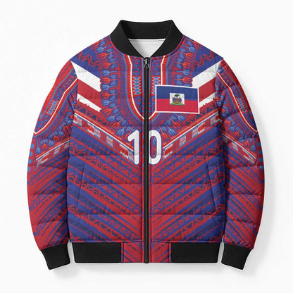 Custom Haiti National Football Bomber Puffer Jacket Dashiki Sporty Style - African Pride