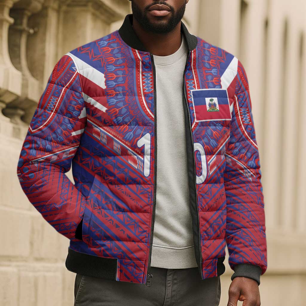 Custom Haiti National Football Bomber Puffer Jacket Dashiki Sporty Style - African Pride