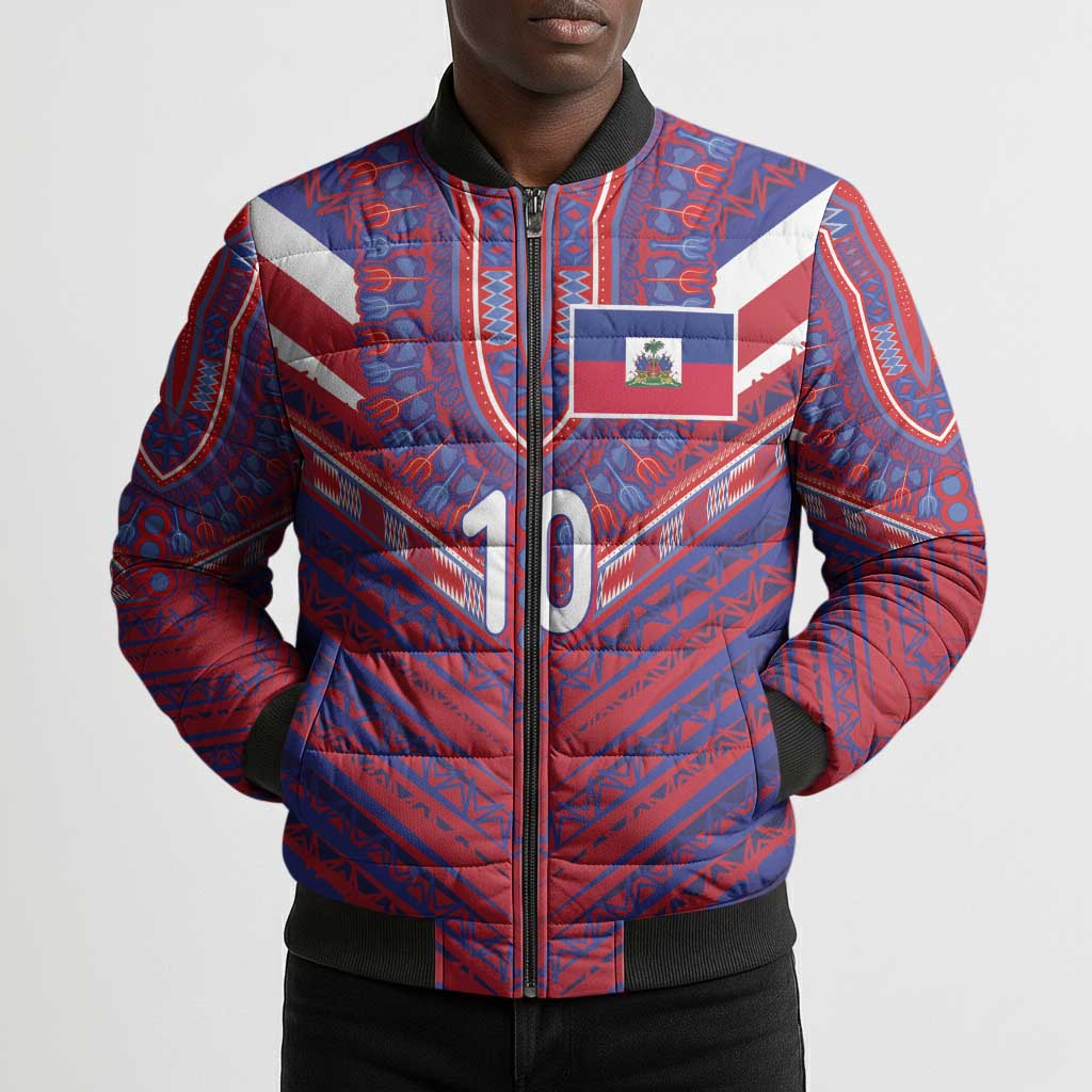 Custom Haiti National Football Bomber Puffer Jacket Dashiki Sporty Style - African Pride