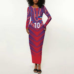 Custom Haiti National Football Long Sleeve Bodycon Dress Dashiki Sporty Style - African Pride