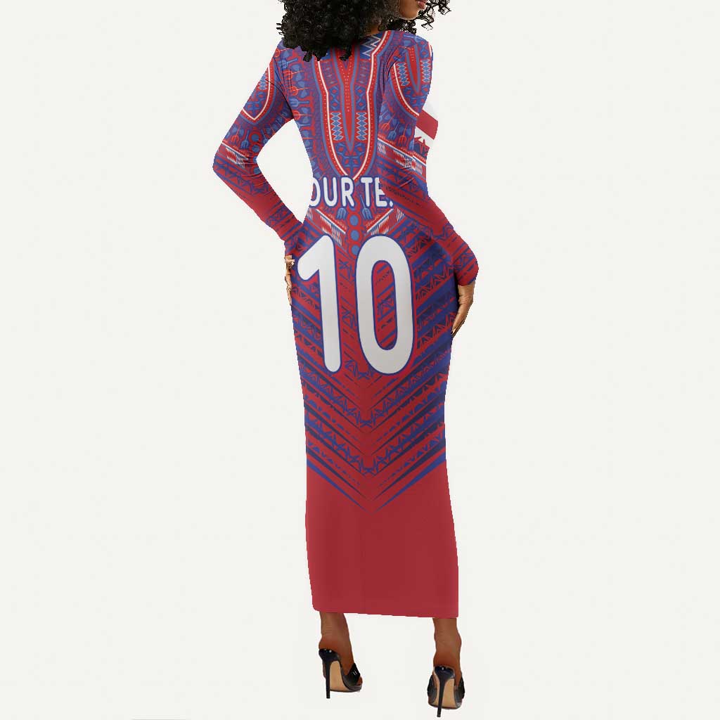 Custom Haiti National Football Long Sleeve Bodycon Dress Dashiki Sporty Style - African Pride
