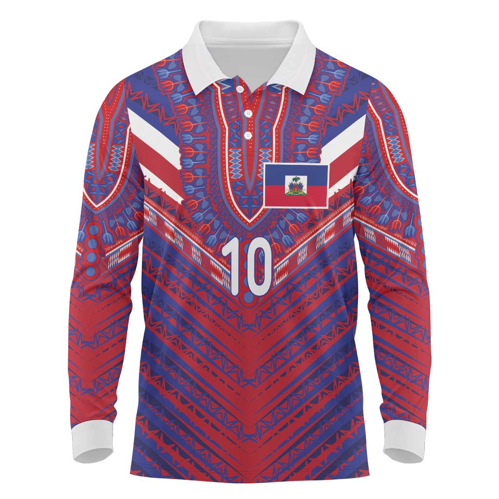 Custom Haiti National Football Long Sleeve Polo Shirt Dashiki Sporty Style - African Pride
