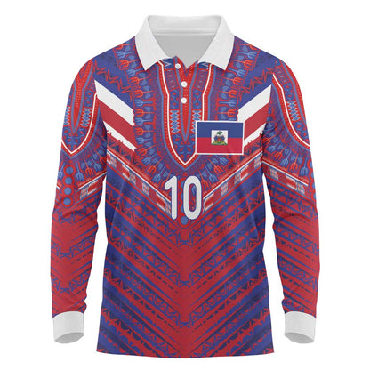 Custom Haiti National Football Long Sleeve Polo Shirt Dashiki Sporty Style - African Pride