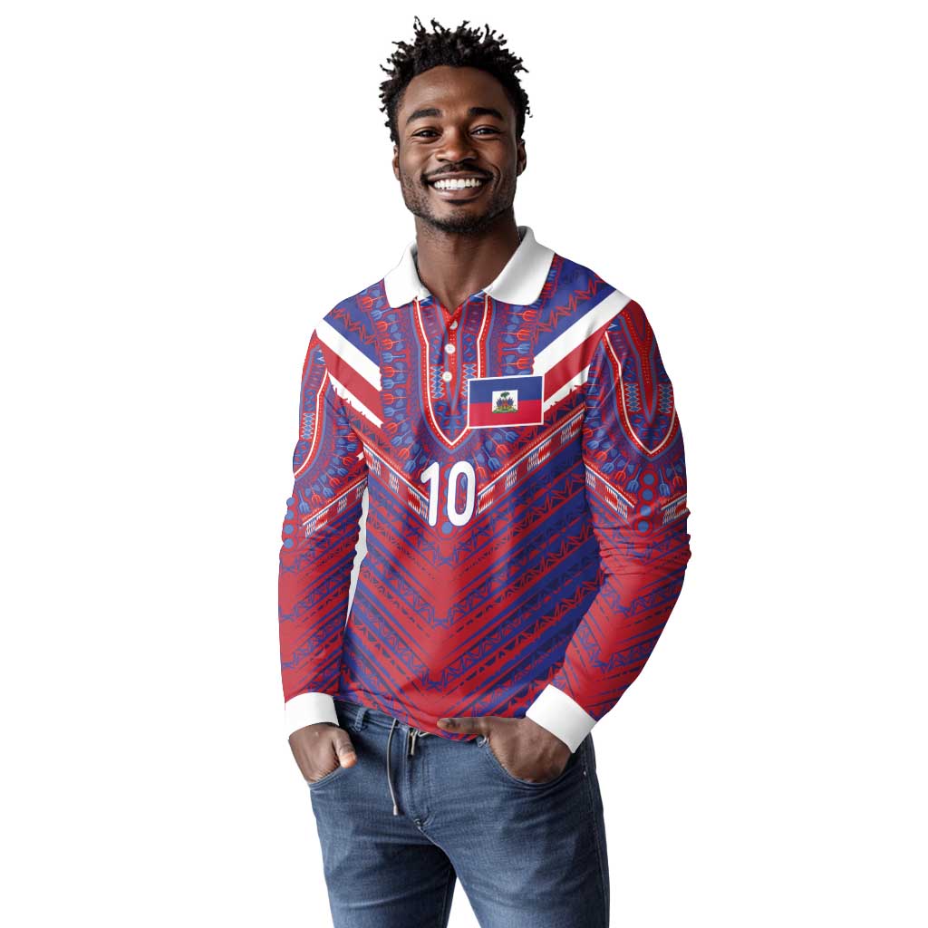 Custom Haiti National Football Long Sleeve Polo Shirt Dashiki Sporty Style - African Pride