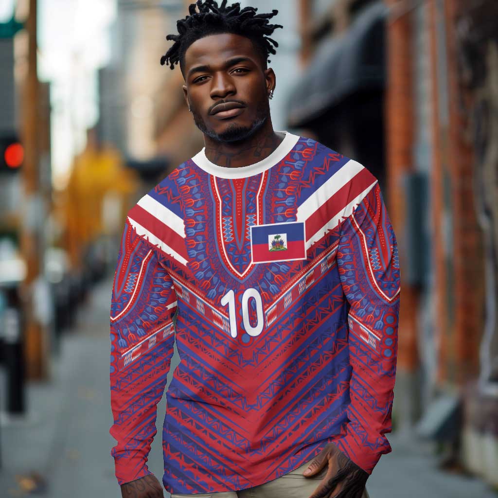 Custom Haiti National Football Long Sleeve Shirt Dashiki Sporty Style - African Pride