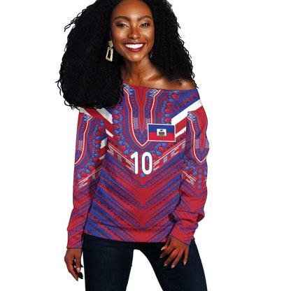 Custom Haiti National Football Off Shoulder Sweater Dashiki Sporty Style - African Pride