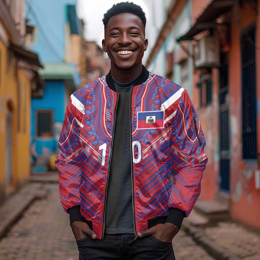 Custom Haiti National Football Sleeve Zip Bomber Jacket Dashiki Sporty Style - African Pride