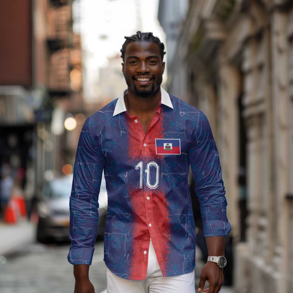 Custom Haiti National Football Long Sleeve Button Shirt Haiti Emblems Motif - African Pride
