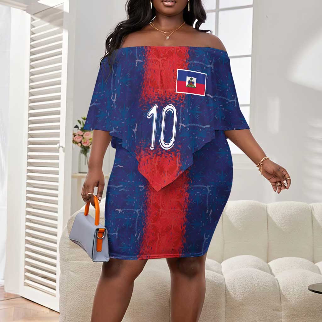 Custom Haiti National Football Off Shoulder Short Dress Haiti Emblems Motif - African Pride
