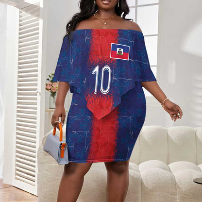 Custom Haiti National Football Off Shoulder Short Dress Haiti Emblems Motif - African Pride