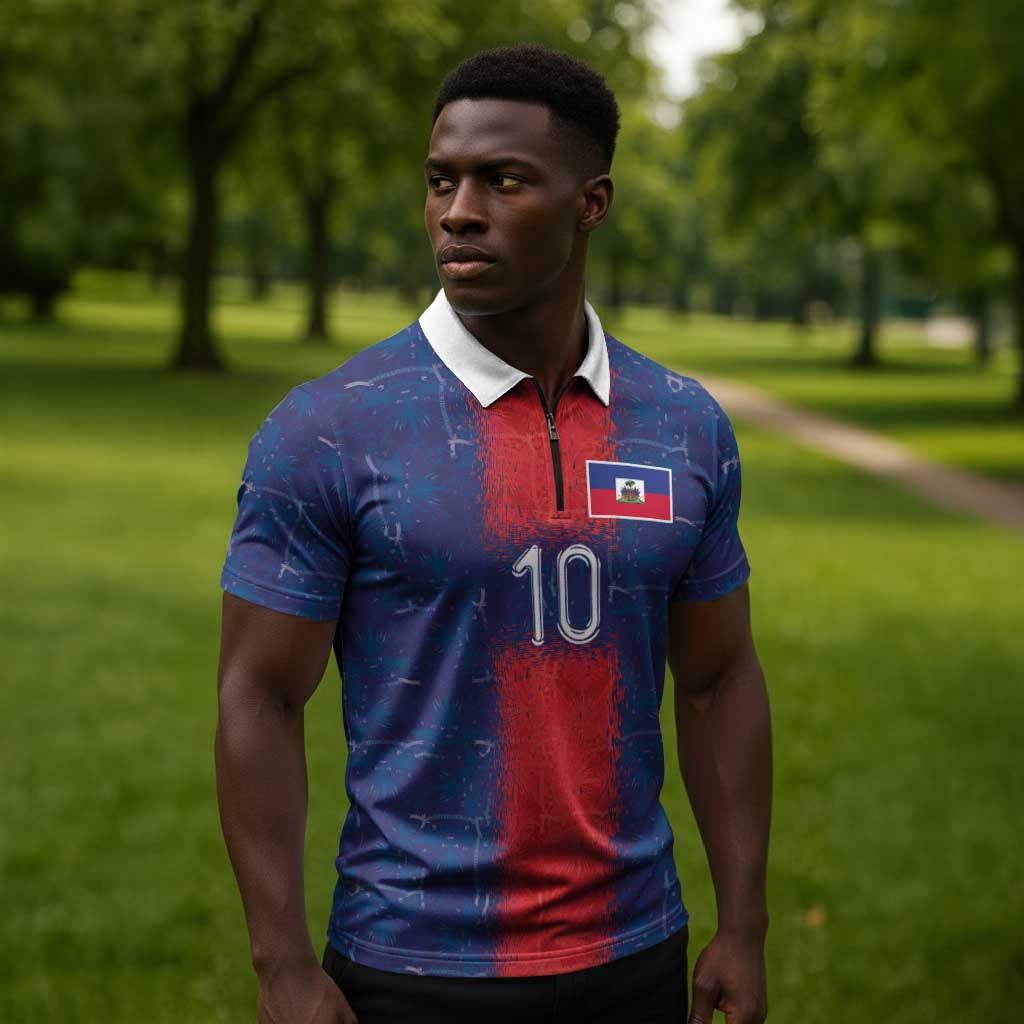 Custom Haiti National Football Zipper Polo Shirt Haiti Emblems Motif - African Pride