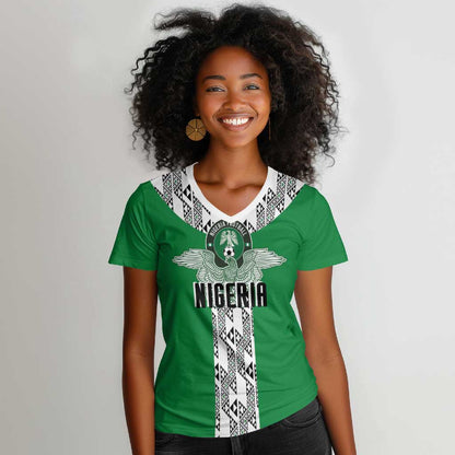 Custom Nigeria National Football Women V-Neck T-Shirt Inspired Retro Style - African Pride