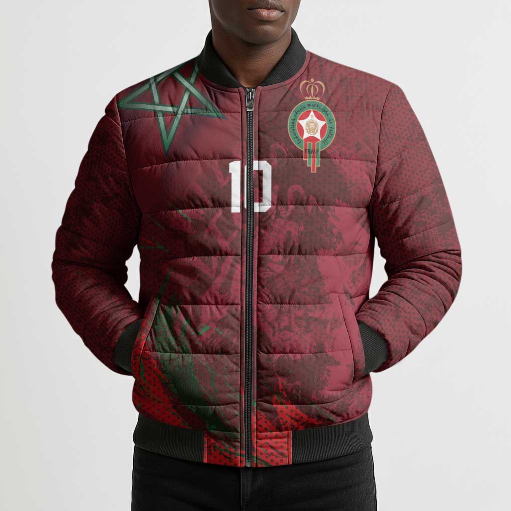 Custom Morocco National Football Bomber Puffer Jacket The Atlas Lions Grunge with National Flag - African Pride