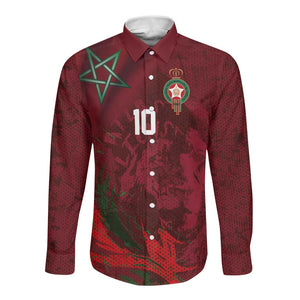 Custom Morocco National Football Long Sleeve Button Shirt The Atlas Lions Grunge with National Flag - African Pride