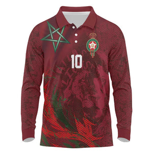 Custom Morocco National Football Long Sleeve Polo Shirt The Atlas Lions Grunge with National Flag - African Pride