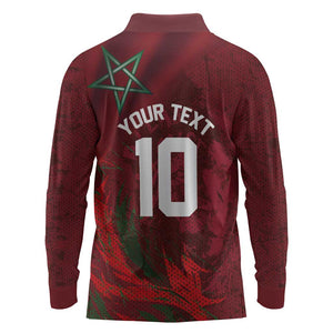 Custom Morocco National Football Long Sleeve Polo Shirt The Atlas Lions Grunge with National Flag - African Pride