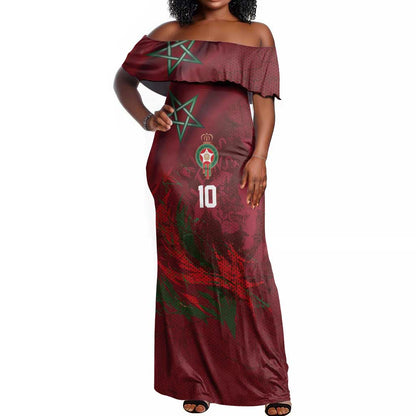 Custom Morocco National Football Off Shoulder Maxi Dress The Atlas Lions Grunge with National Flag - African Pride
