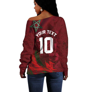 Custom Morocco National Football Off Shoulder Sweater The Atlas Lions Grunge with National Flag - African Pride