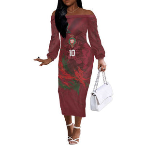 Custom Morocco National Football Off The Shoulder Long Sleeve Dress The Atlas Lions Grunge with National Flag - African Pride