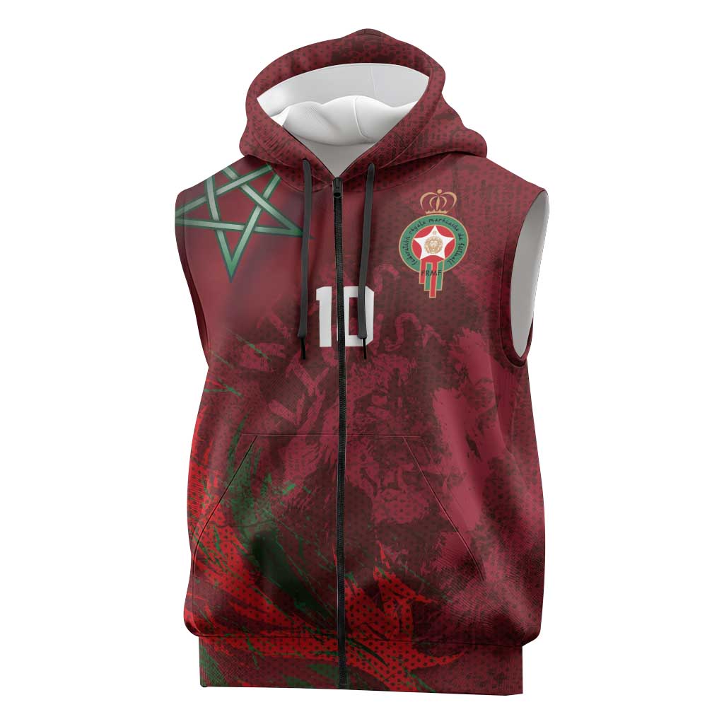 Custom Morocco National Football Sleeveless Zip Hoodie The Atlas Lions Grunge with National Flag - African Pride