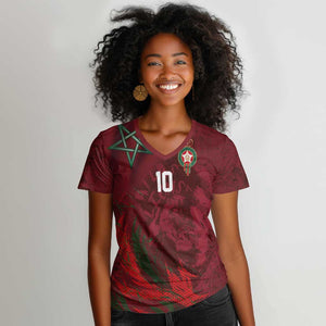Custom Morocco National Football Women V-Neck T-Shirt The Atlas Lions Grunge with National Flag - African Pride