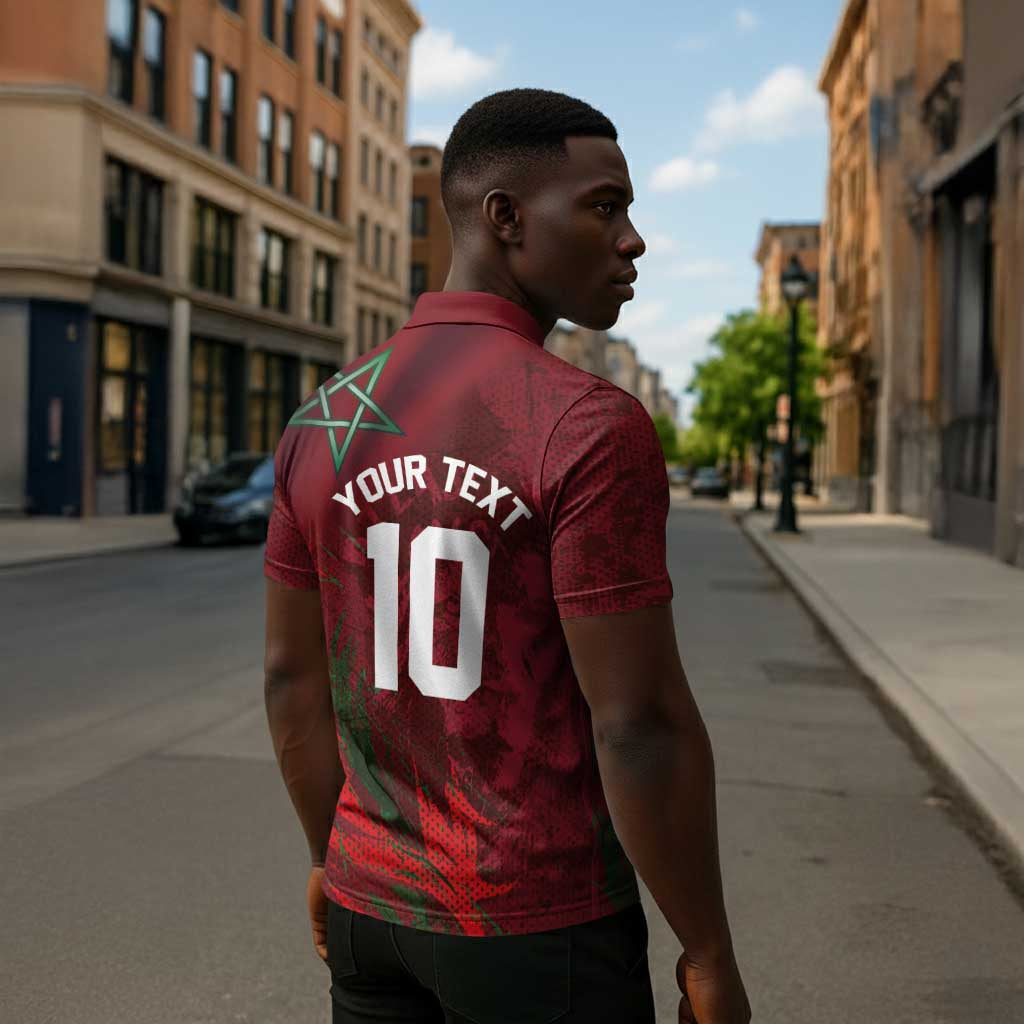 Custom Morocco National Football Zipper Polo Shirt The Atlas Lions Grunge with National Flag - African Pride
