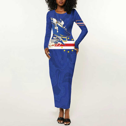Custom Cape Verde National Football Long Sleeve Bodycon Dress Glory Blue Sharks - African Pride