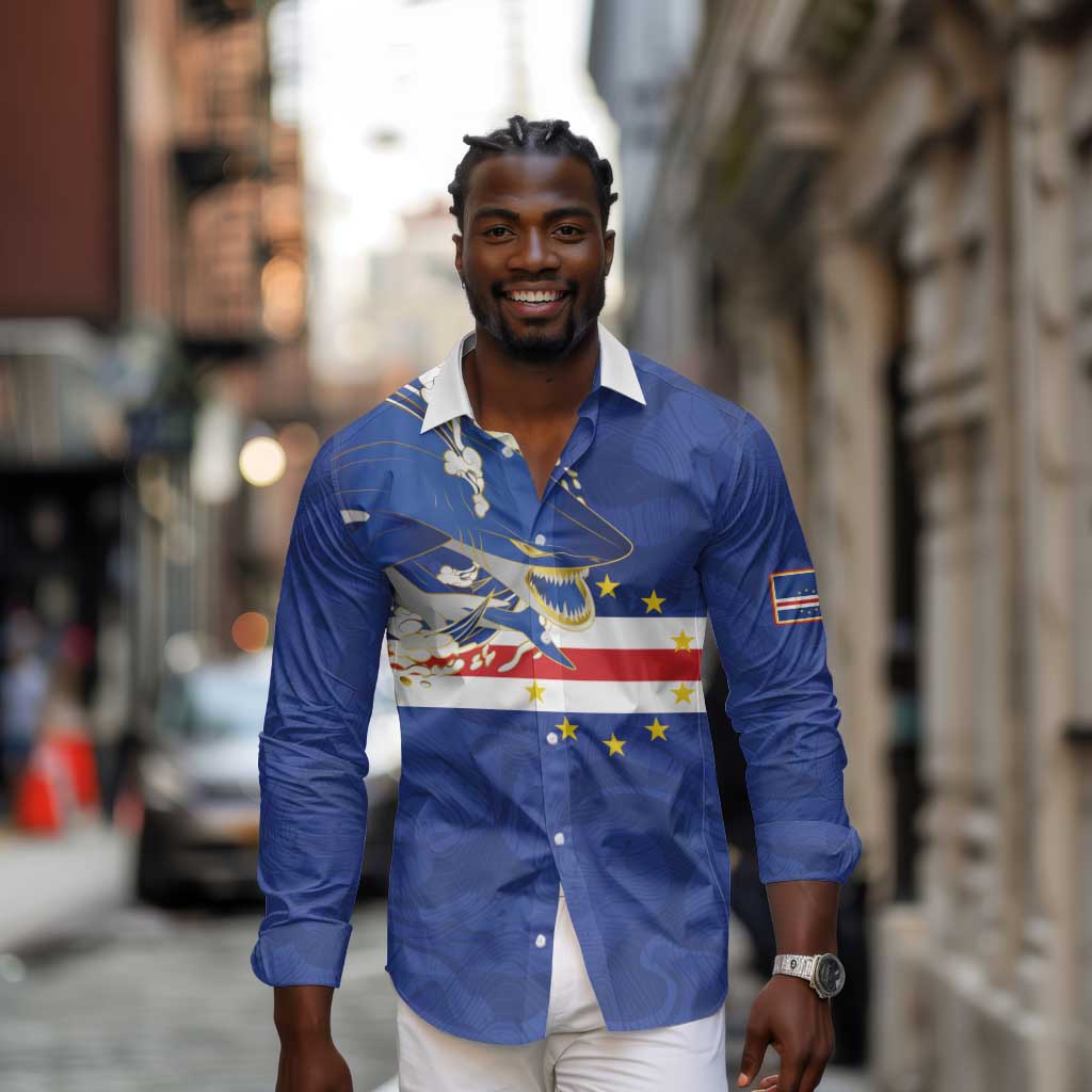 Custom Cape Verde National Football Long Sleeve Button Shirt Glory Blue Sharks - African Pride