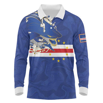 Custom Cape Verde National Football Long Sleeve Polo Shirt Glory Blue Sharks - African Pride