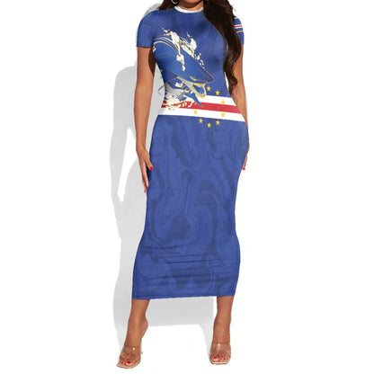 Custom Cape Verde National Football Short Sleeve Bodycon Dress Glory Blue Sharks - African Pride