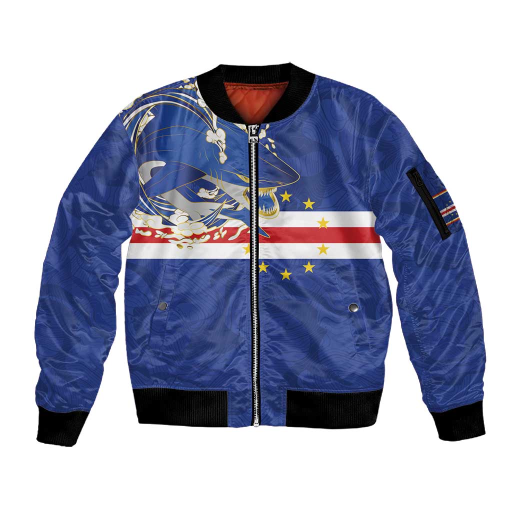 Custom Cape Verde National Football Sleeve Zip Bomber Jacket Glory Blue Sharks - African Pride
