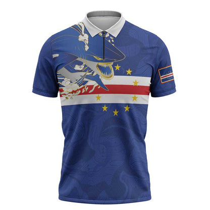 Custom Cape Verde National Football Zipper Polo Shirt Glory Blue Sharks - African Pride