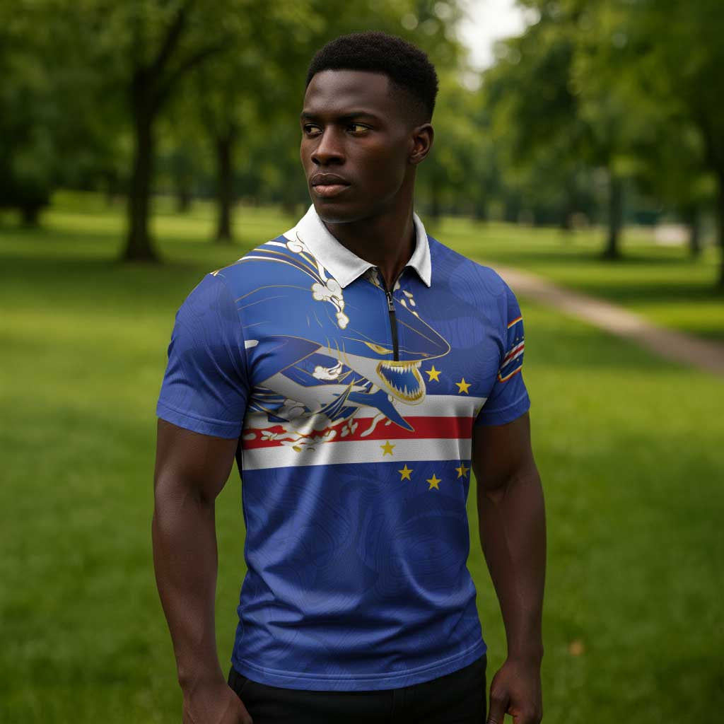 Custom Cape Verde National Football Zipper Polo Shirt Glory Blue Sharks - African Pride
