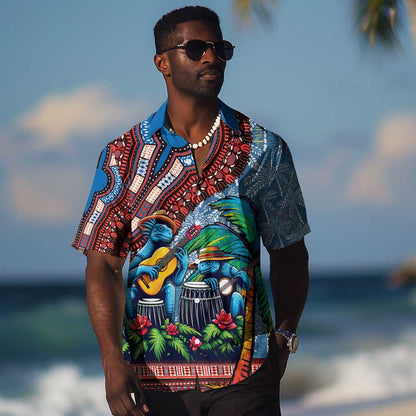 Afro-Caribbean Hawaiian Shirt African Dashiki Style with Caribbean Music with Blue Iguanas - African Pride