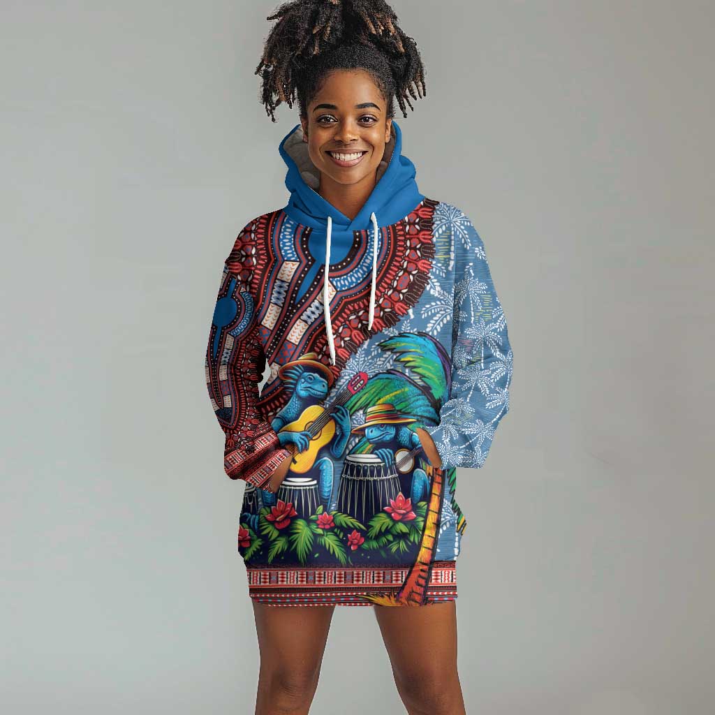 Afro-Caribbean Hoodie Dress African Dashiki Style with Caribbean Music with Blue Iguanas - African Pride