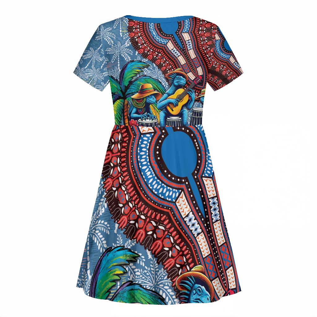Afro-Caribbean Kid Short Sleeve Dress African Dashiki Style with Caribbean Music with Blue Iguanas - African Pride