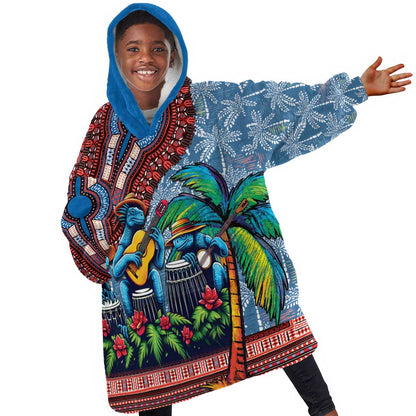 Afro-Caribbean Kid Wearable Blanket Hoodie African Dashiki Style with Caribbean Music with Blue Iguanas - African Pride
