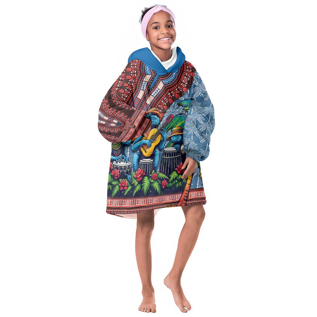 Afro-Caribbean Kid Wearable Blanket Hoodie African Dashiki Style with Caribbean Music with Blue Iguanas - African Pride