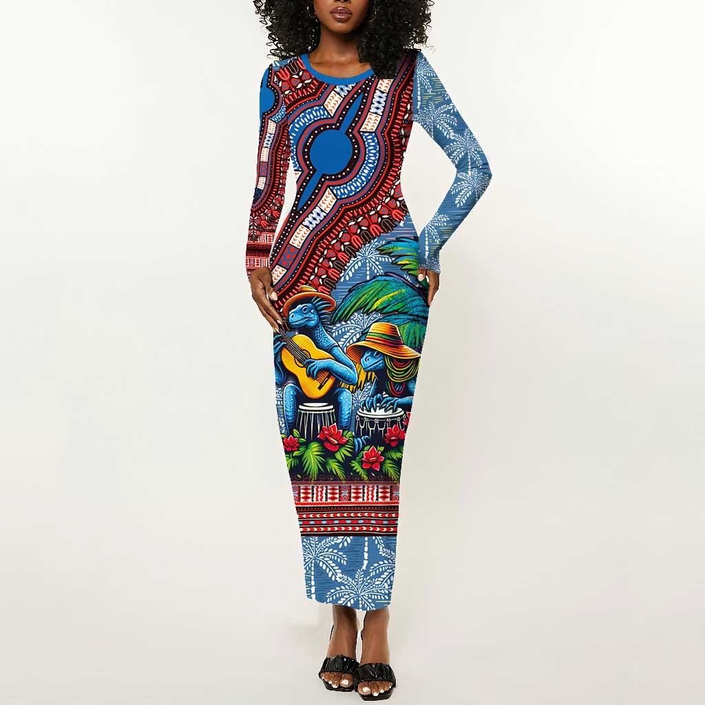 Afro-Caribbean Long Sleeve Bodycon Dress African Dashiki Style with Caribbean Music with Blue Iguanas - African Pride